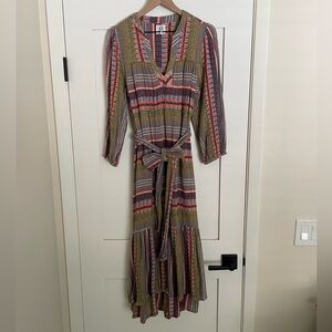 Muticolor Striped Casual Midi Sundress with Bishop Sleeves